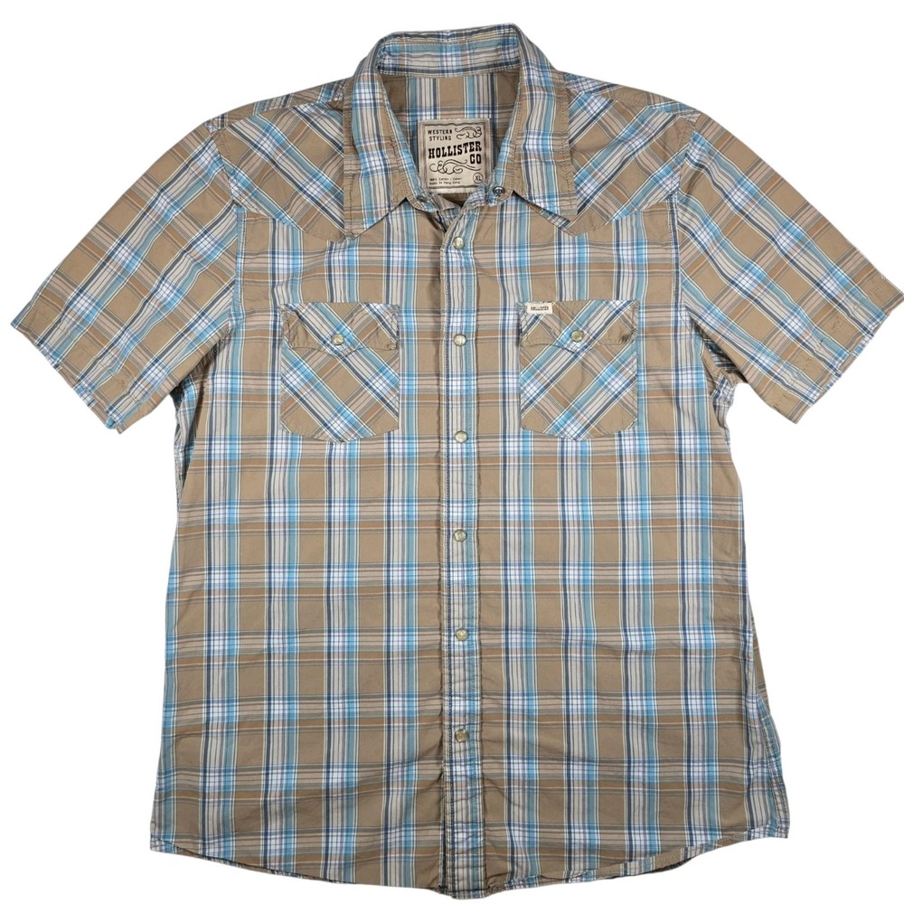 Hollister Western Tan Blue Plaid Pearl Snap Short Sleeve Shirt Men's Size XL